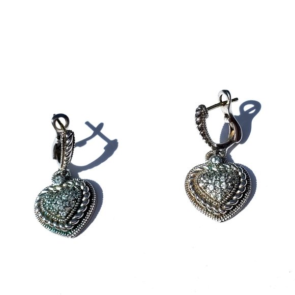 Authentic Judith Ripka Sapphire Sterling Silver Gold Knurled Heart Drop Earrings